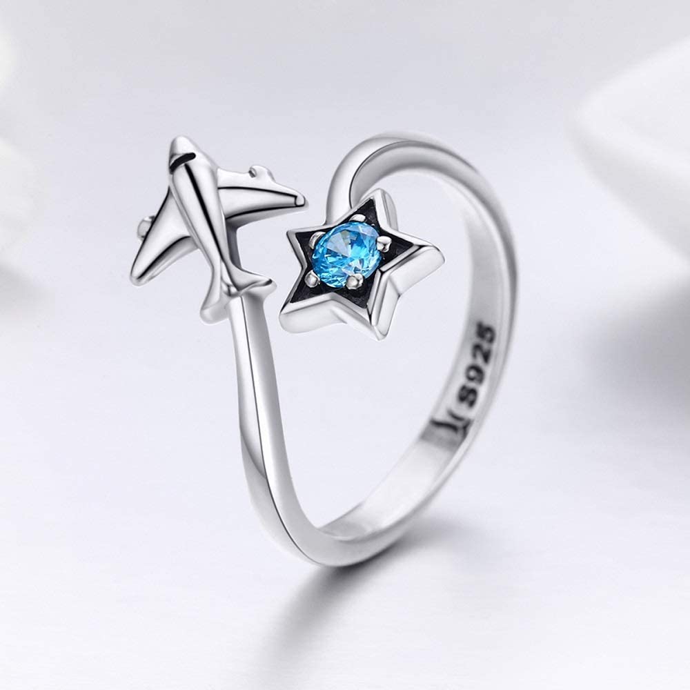 Bague Avion et Étoile en argent 925 plaqué or blanc ajustable avec zircon bleu - Photo 3