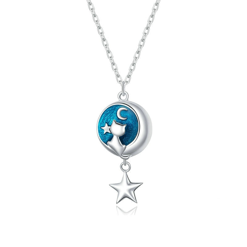 Collier Chat sur la Lune en argent 925 plaqué or blanc avec pendentif émaillé bleu