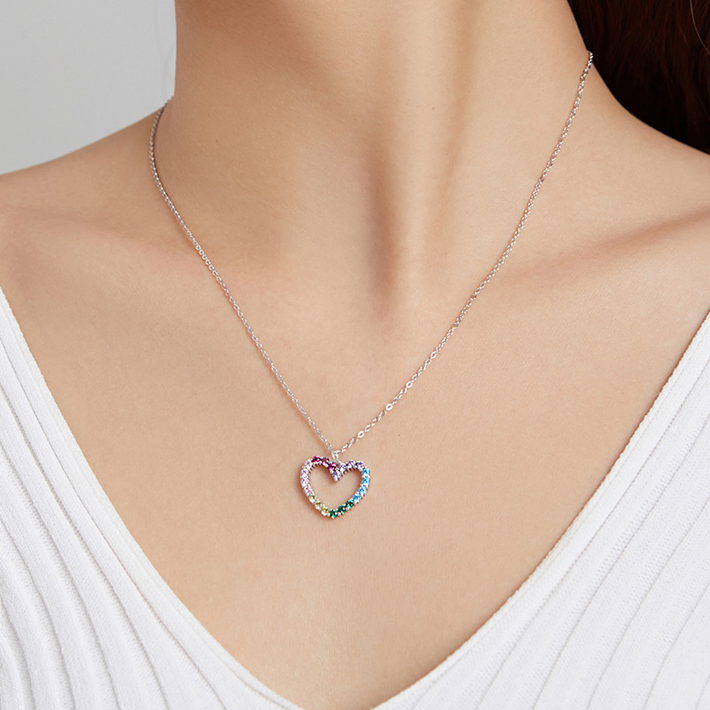 Collier Coeur Arc-en-Ciel en argent 925 plaqué or blanc ajustable avec zircons colorés - Photo 2