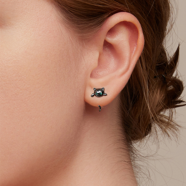 Boucles d’Oreilles Chat Noir Argent Sterling 925 plaqué noir - Photo 2
