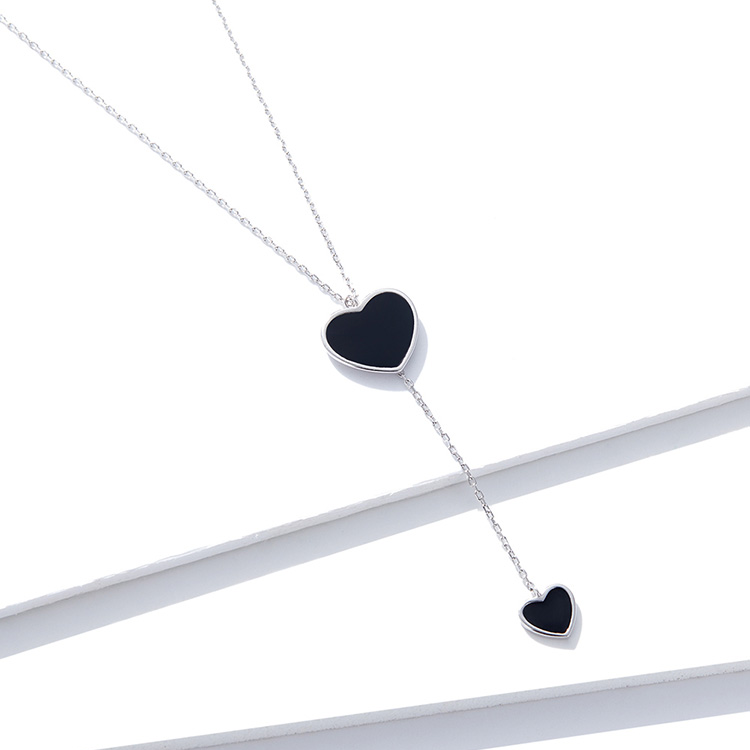 Collier Coeurs Noirs en argent 925 plaqué or blanc ajustable avec coeurs émaillés noirs - Photo 3