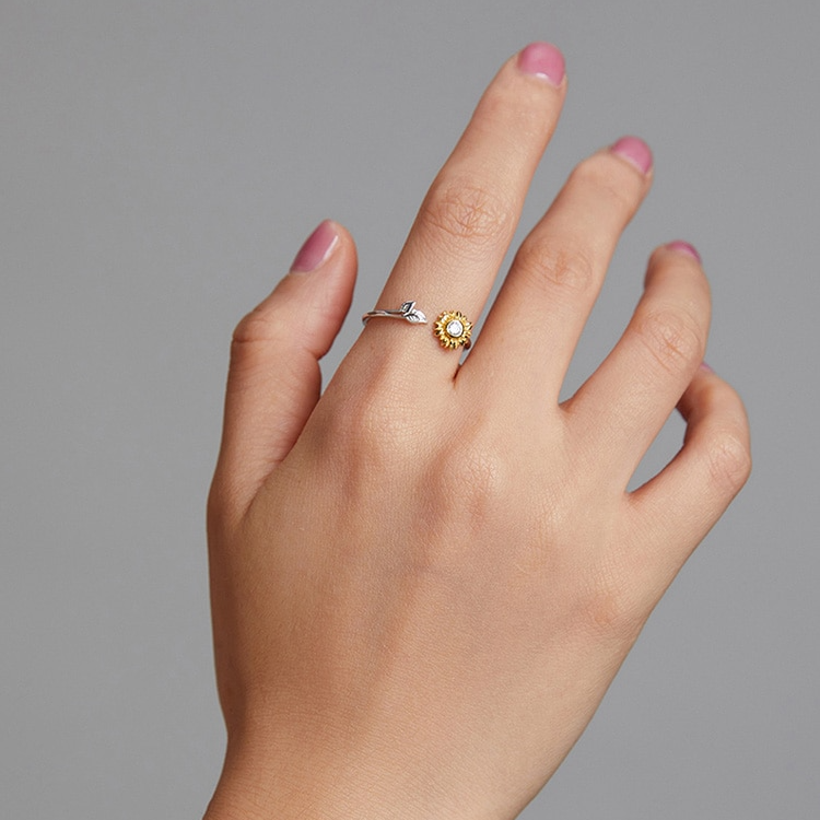 Bague Tournesol en argent 925 plaqué or blanc ajustable avec pétales plaqués or jaune et zircon blanc - Photo 6