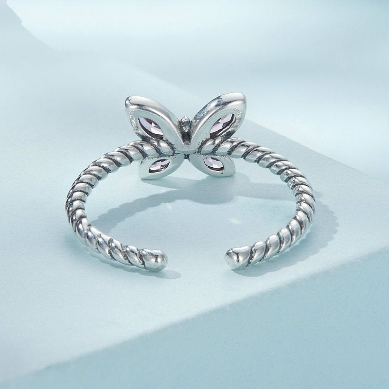 Bague Papillon Rose en argent 925 plaqué or blanc ajustable avec zircons roses - Photo 4