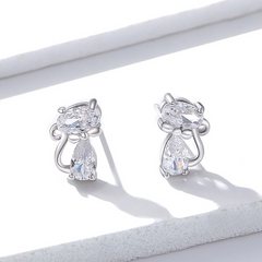 Boucles d’Oreilles Chats Brillants Puces en Argent Sterling 925 plaqué or blanc avec zircons blancs - Photo 3