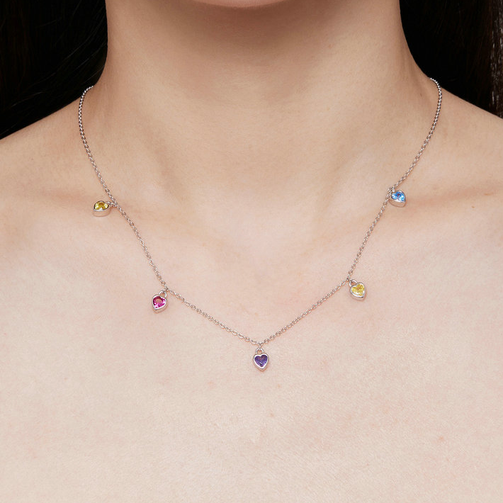 Collier Coeurs Colorés en argent 925 plaqué or blanc ajustable avec zircons colorés - Photo 2