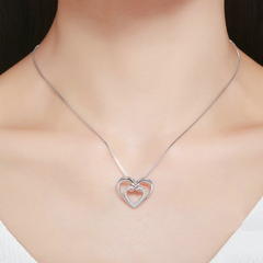 Collier Double Coeur avec Infini en argent 925 plaqué or blanc et or rose ajustable avec zircons blancs - Photo 2