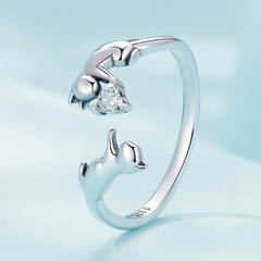 Bague Chats en argent 925 plaqué or blanc ajustable avec coeur en zircon blanc - Photo 4
