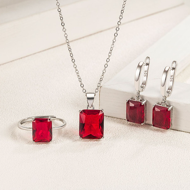 Parure de Bijoux Argent Sterling 925 plaqué or blanc avec collier, boucles d’oreilles et bague ajustable avec zircons rouges - Photo 2