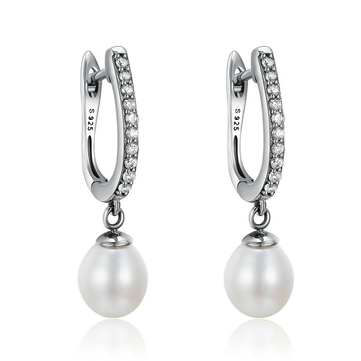 Boucles d’Oreilles Créoles Pendentif Perles en argent 925 plaqué or blanc avec zircons blancs