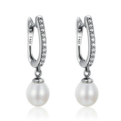Boucles d’Oreilles Créoles Pendentif Perles en argent 925 plaqué or blanc avec zircons blancs