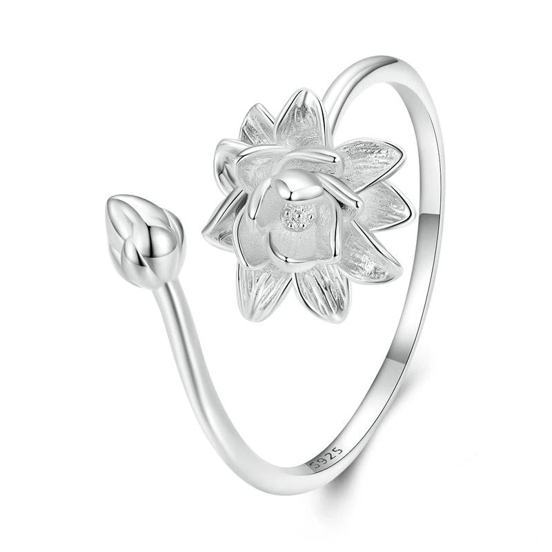 Bague Fleur de Lotus en argent 925 plaqué or blanc ajustable