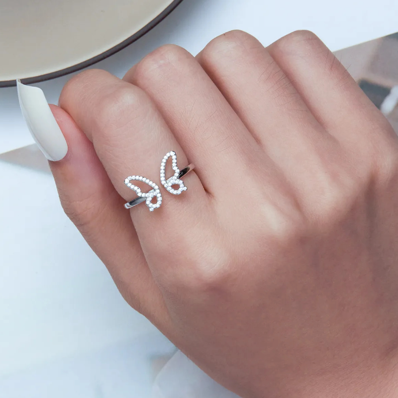 Bague Papillon en argent 925 plaqué or blanc ajustable émaillé à la main - Photo 4