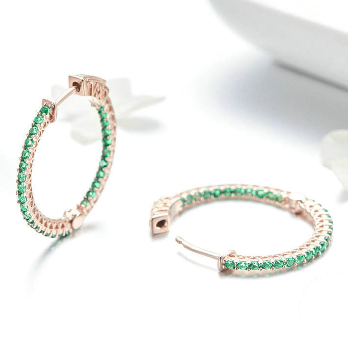 Boucles d’Oreilles Créoles Brillants en argent 925 plaqué or rose avec zircons verts - Photo 4
