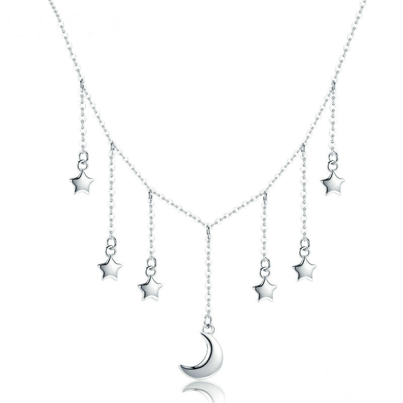 Collier Lune et Étoiles en argent 925 plaqué or blanc ajustable
