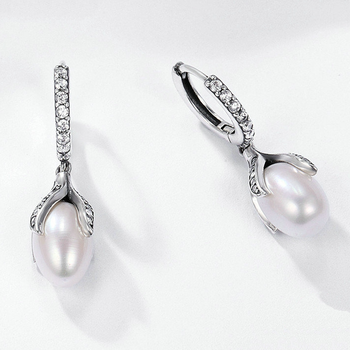 Boucles d’Oreilles Créoles Pendentif Perles en argent 925 plaqué or blanc avec zircons blancs - Photo 4