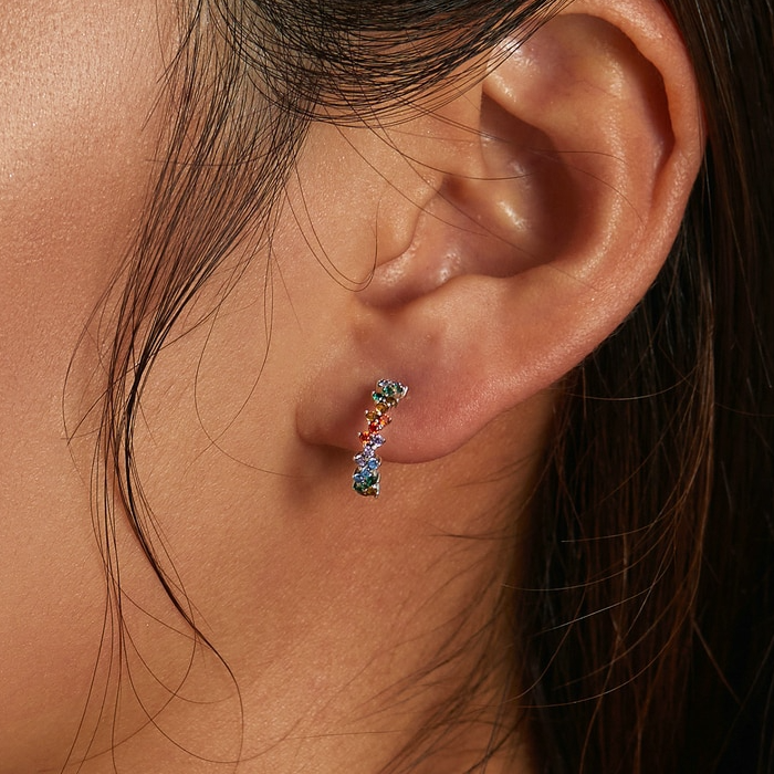 Boucles d’Oreilles Créoles Colorés en argent 925 plaqué or blanc avec zircons multicolores - Photo 2