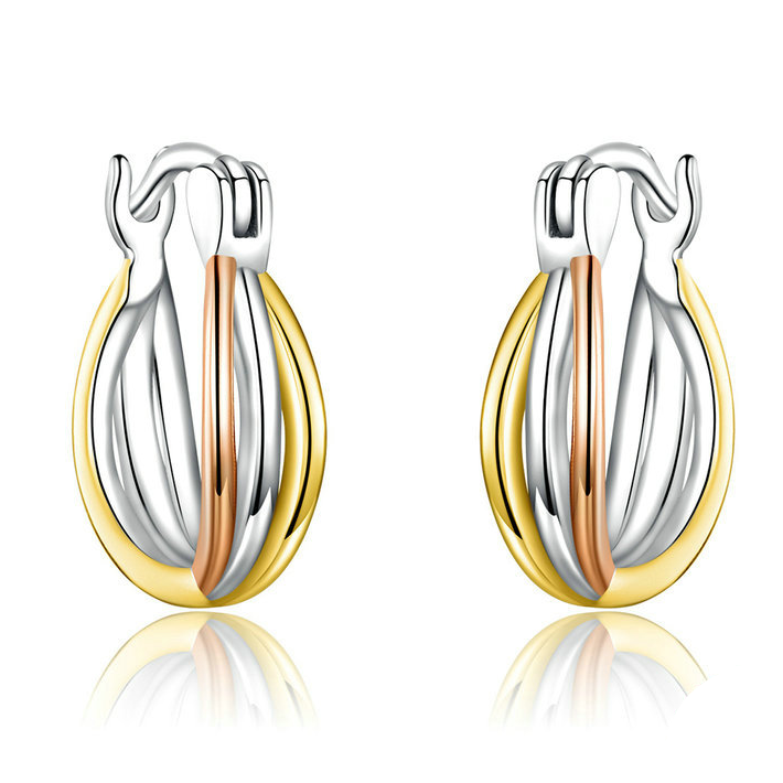 Boucles d’Oreilles Créoles Trois Ors en argent 925 plaqué or blanc et or rose et or jaune