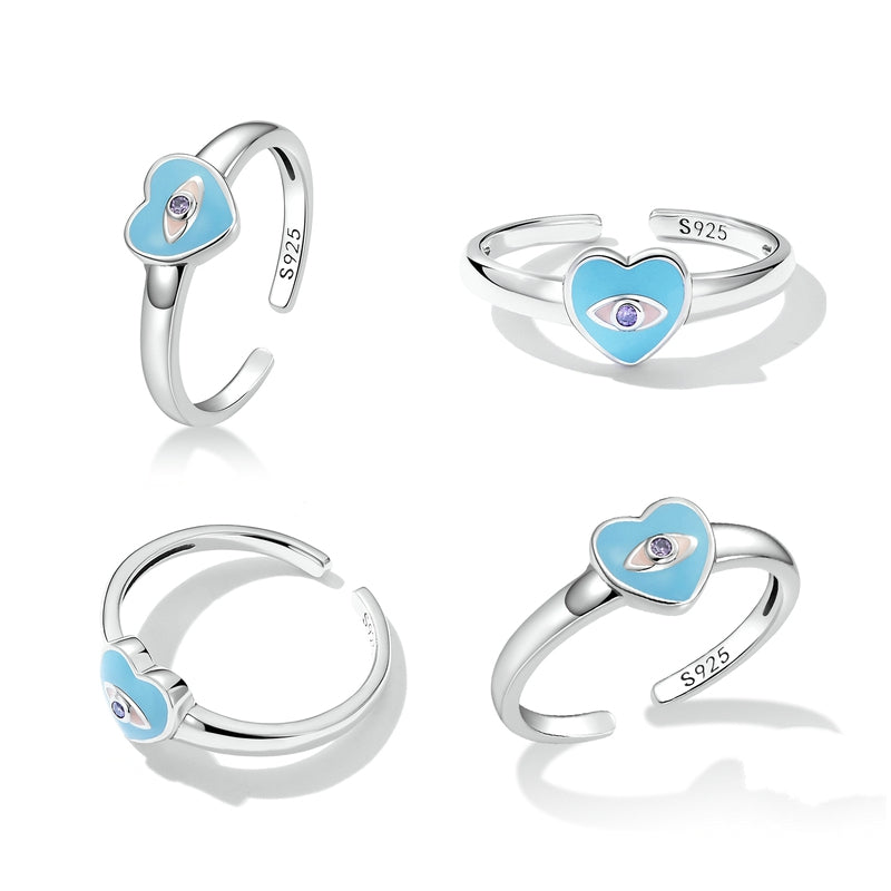 Bague Coeur Bleu en argent 925 plaqué or blanc ajustable émaillé bleu avec zircon violet - Photo 3