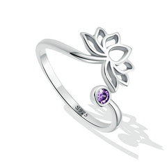 Bague Fleur de Lotus en argent 925 plaqué or blanc ajustable avec zircon violet - Photo 4