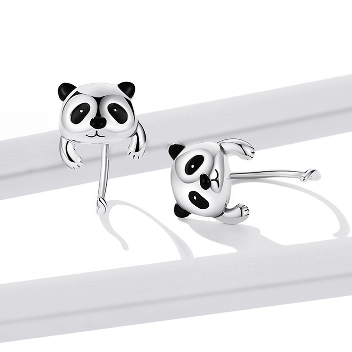Boucles d’Oreilles Panda Argent Sterling 925 plaqué or blanc avec détails émaillés noirs - Photo 4