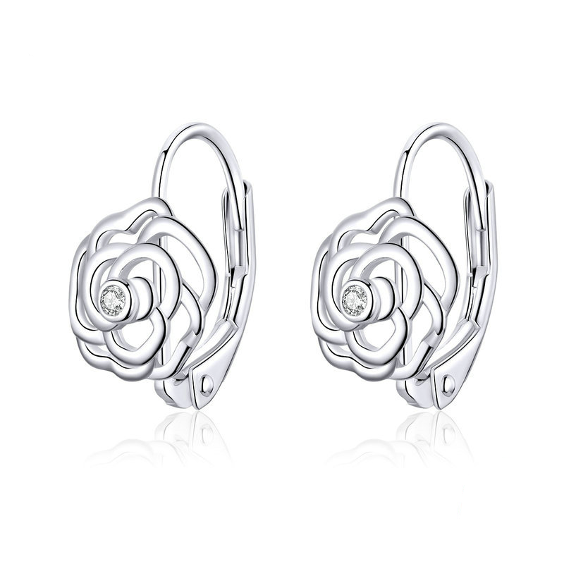 Boucles d’Oreilles Créoles Roses en argent 925 plaqué or blanc avec zircons blancs