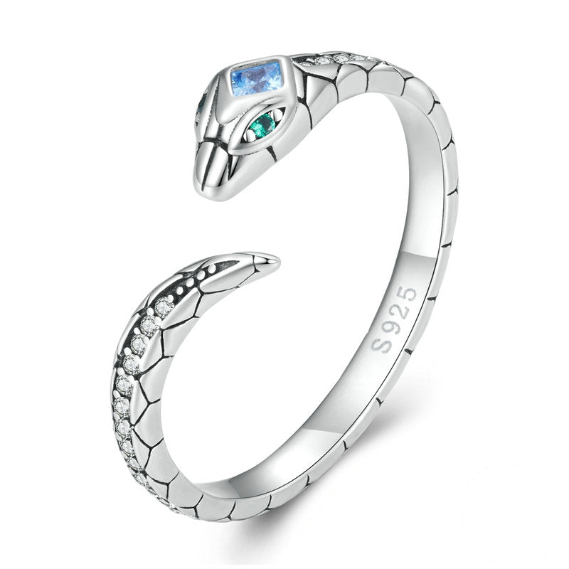Bague Serpent en argent 925 plaqué or blanc ajustable aver zircons blancs et verts et bleu