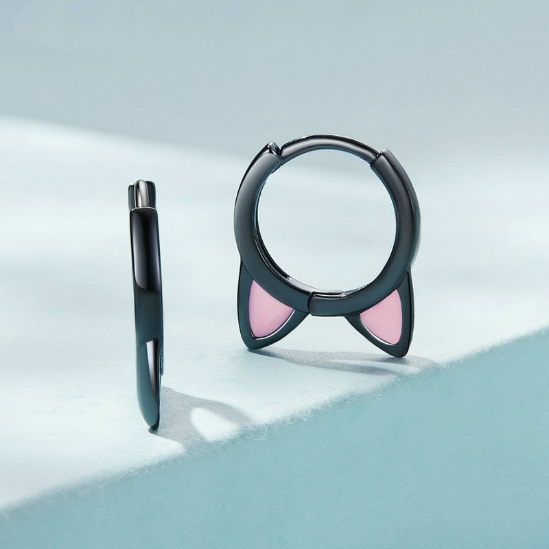 Boucles d’Oreilles Créoles Oreilles de Chat en argent 925 plaqué noir émaillé rose - Photo 5