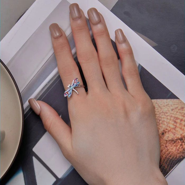 Bague Libellule en argent 925 plaqué or blanc ajustable émaillé à la main avec zircons colorés - Photo 5