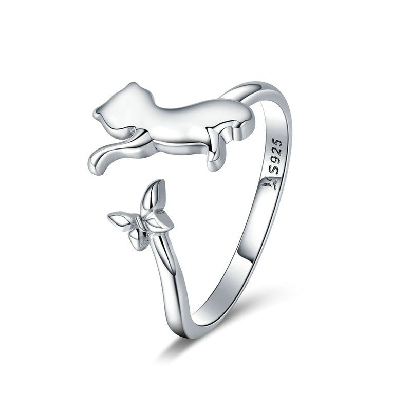 Bague Chat avec Papillon en argent 925 plaqué or blanc ajustable