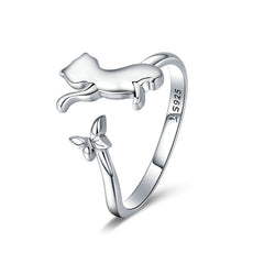 Bague Chat avec Papillon en argent 925 plaqué or blanc ajustable