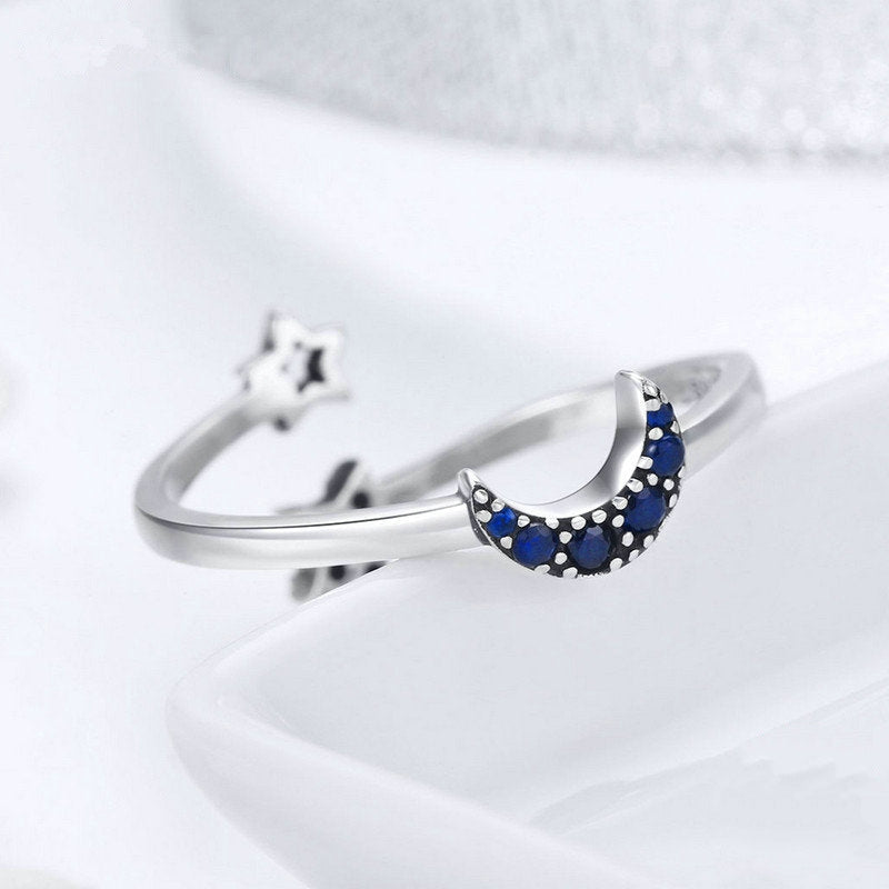 Bague Lune et Étoiles en argent 925 plaqué or blanc ajustable avec zircons bleus - Photo 5