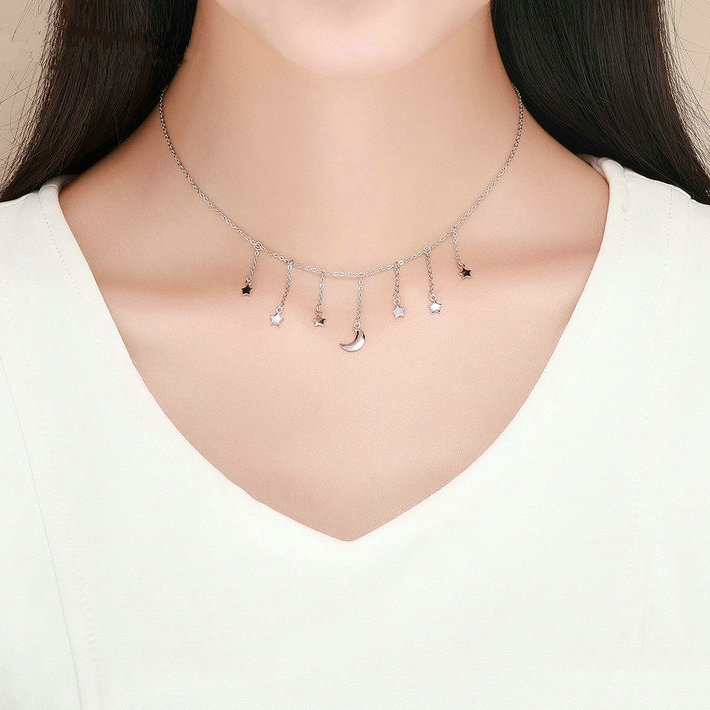 Collier Lune et Étoiles en argent 925 plaqué or blanc ajustable - Photo 2