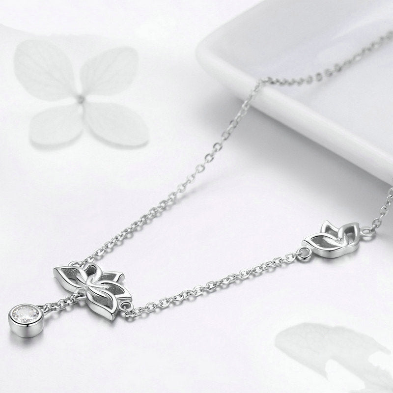 Collier Fleurs de Lotus en argent 925 plaqué or blanc ajustable avec zircon blanc - Photo 4
