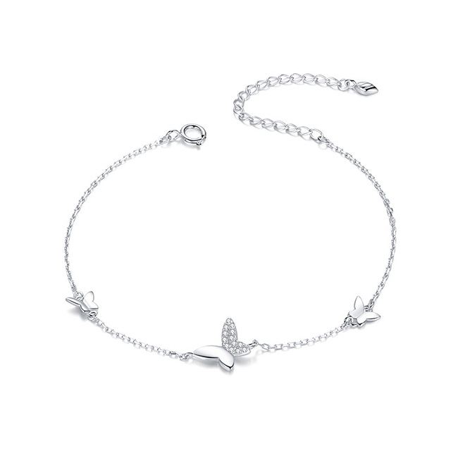 Bracelet Papillons en argent 925 plaqué or blanc ajustable avec zircons blancs