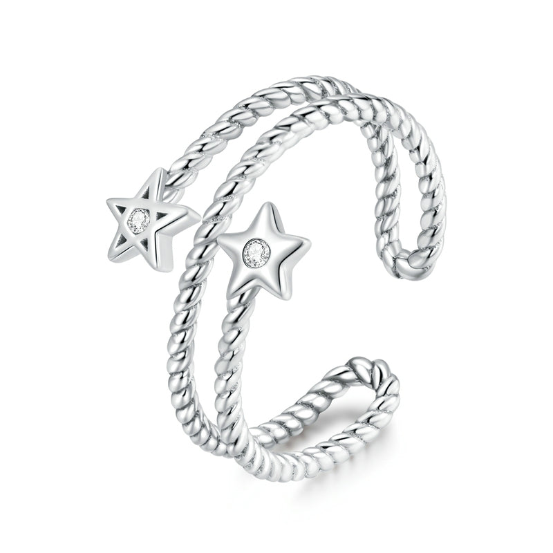Bague Étoiles en argent 925 plaqué or blanc ajustable avec zircons blancs
