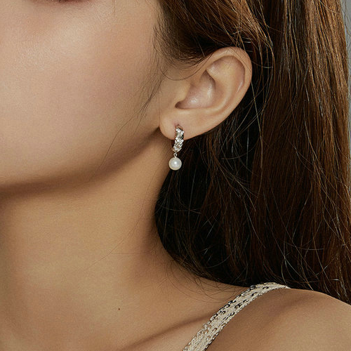 Boucles d’Oreilles Feuilles Brillantes avec Perles Argent Sterling 925 plaqué or blanc avec zircons blancs - Photo 2