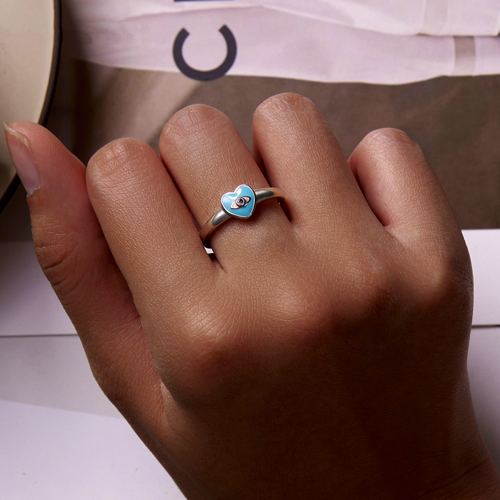 Bague Coeur Bleu en argent 925 plaqué or blanc ajustable émaillé bleu avec zircon violet - Photo 2