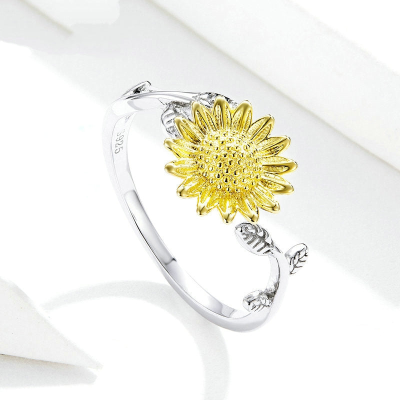 Bague Tournesol en argent 925 plaqué or blanc ajustable avec pétales plaqués or jaune - Photo 3