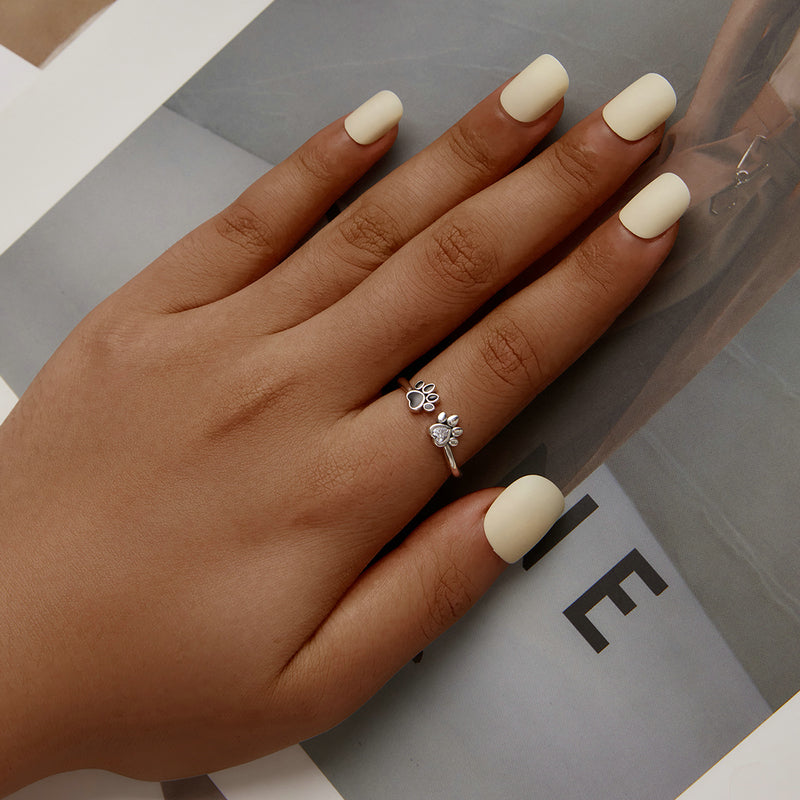 Bague Pattes en argent 925 plaqué or blanc émaillé noir avec zircon blanc ajustable - Photo 5