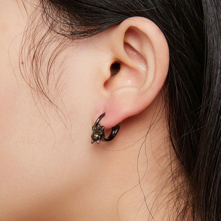 Boucles d’Oreilles Créoles Chat Noir Argent Sterling 925 plaqué noir avec détails émaillés - Photo 2