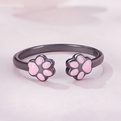 Bague Pattes de Chat Argent Sterling 925 plaqué noir émaillé rose – ajustable - Photo 4