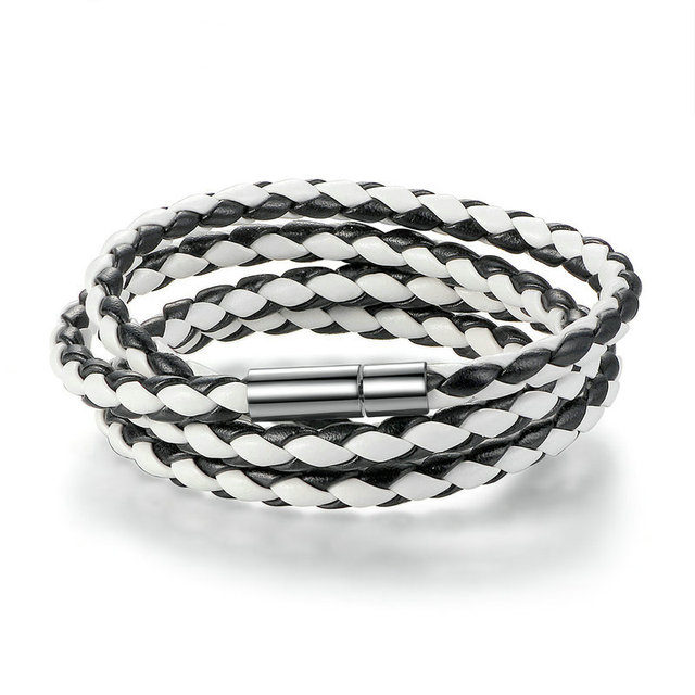 Bracelet en Cuir Blanc et Noir avec fermeture magnétique et longueur 60 cm
