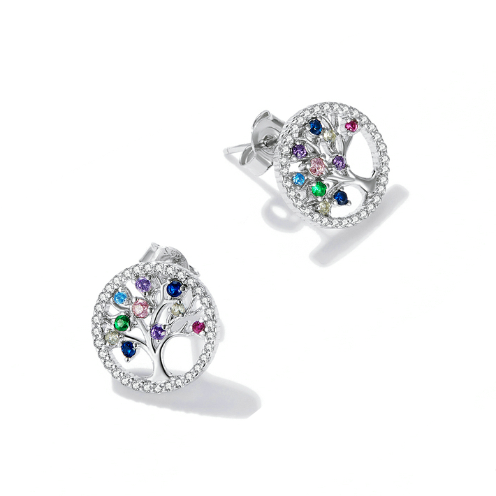 Boucles d’Oreilles Arbre de Vie Puces en Argent Sterling 925 plaqué or blanc avec pavé de zircons colorés - Photo 3