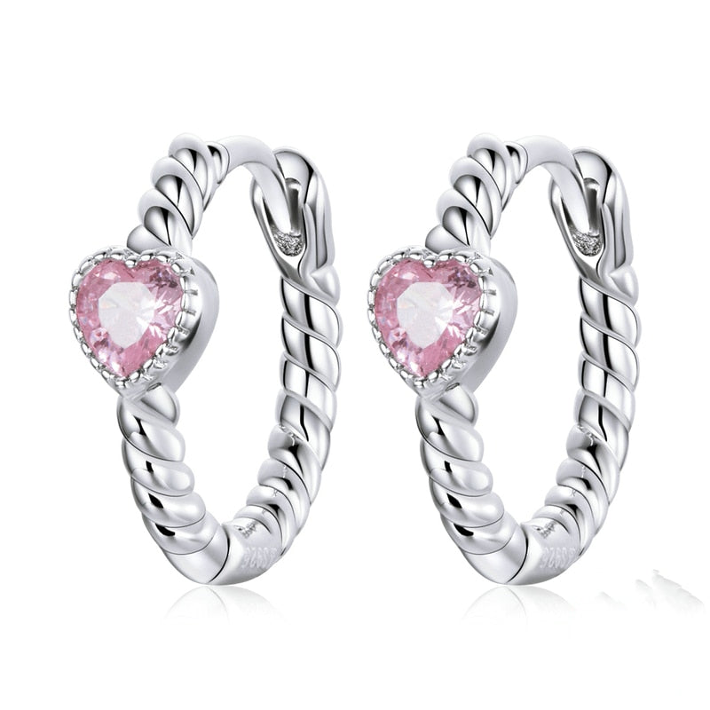 Boucles d’Oreilles Créoles Coeurs en argent 925 plaqué or blanc avec zircons roses
