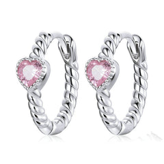 Boucles d’Oreilles Créoles Coeurs en argent 925 plaqué or blanc avec zircons roses