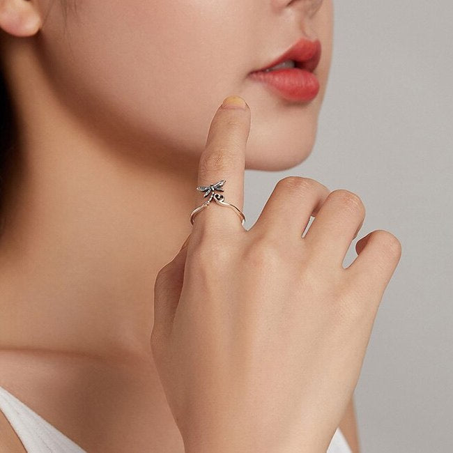 Bague Libellule avec Coeur en argent 925 plaqué or blanc ajustable - Photo 2