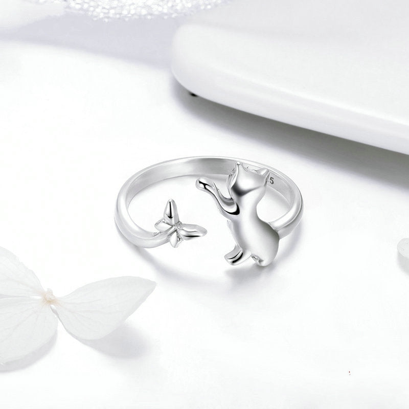 Bague Chat avec Papillon en argent 925 plaqué or blanc ajustable - Photo 4