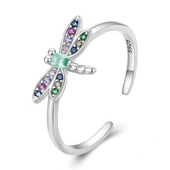Bague Libellule en argent 925 plaqué or blanc ajustable avec zircons colorés