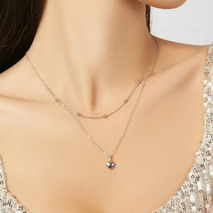 Collier Double avec Coeur en argent 925 plaqué or blanc avec pendentif coeur - Photo 2