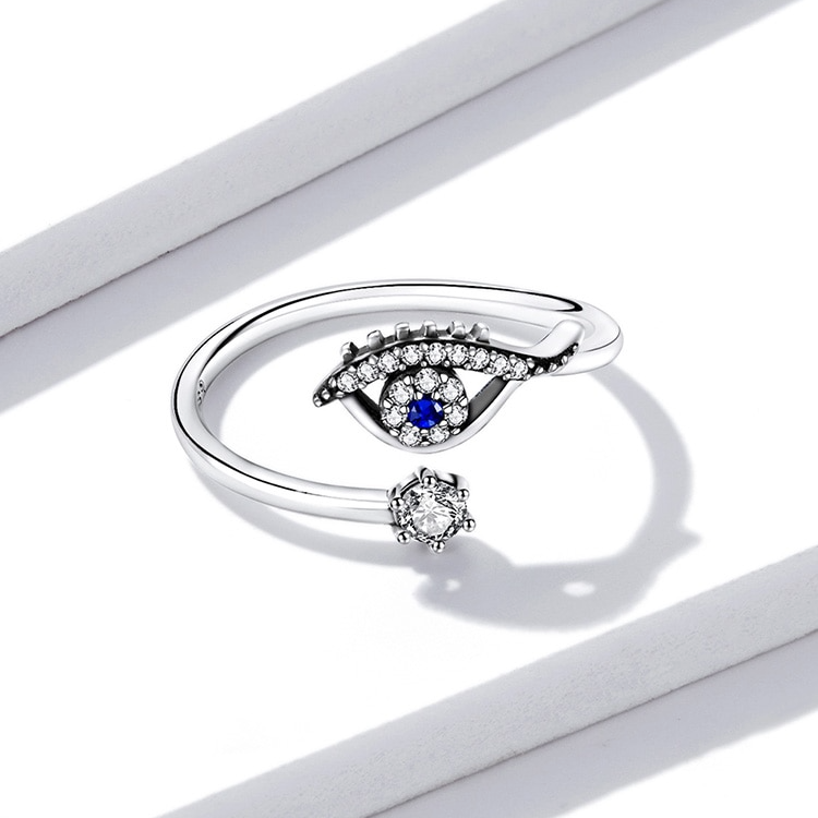 Bague Oeil de Protection en argent 925 plaqué or blanc ajustable avec zircons blancs et bleu - Photo 4